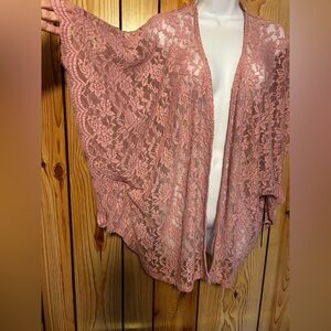 Liberty Love Lace Cardigan Shawl Open Front Duster Dusty Rose Boho Size L